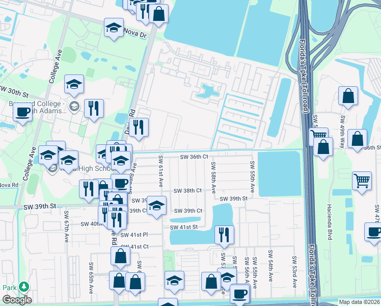 map of restaurants, bars, coffee shops, grocery stores, and more near 35 The Common in Davie