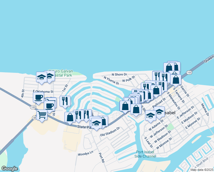 map of restaurants, bars, coffee shops, grocery stores, and more near 919 North Yturria Street in Port Isabel