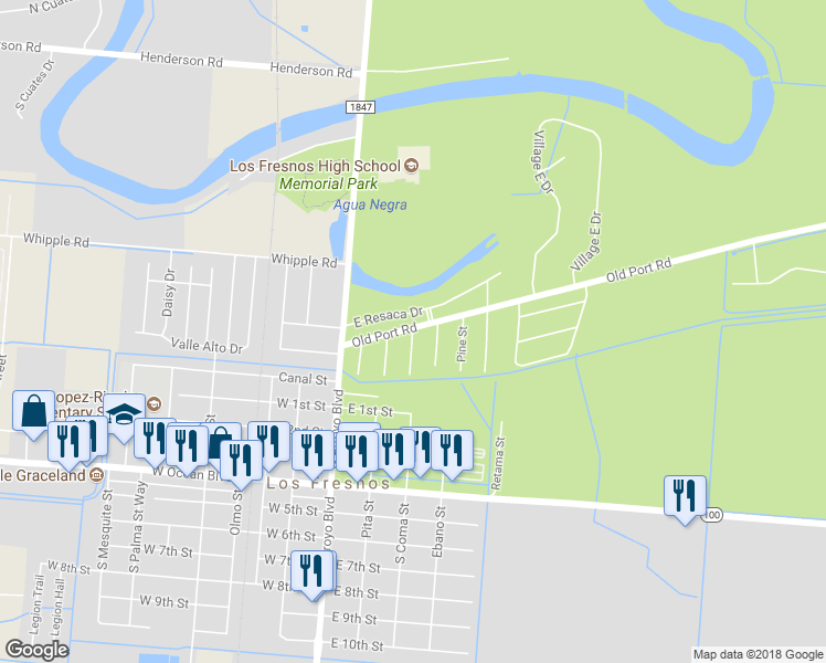 map of restaurants, bars, coffee shops, grocery stores, and more near 198 Pecan Street in Los Fresnos