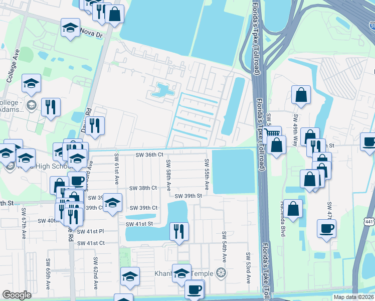 map of restaurants, bars, coffee shops, grocery stores, and more near 5358 Southwest 35th Manor in Davie