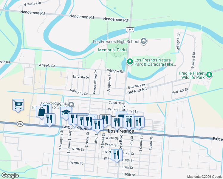 map of restaurants, bars, coffee shops, grocery stores, and more near 118 Hodges St in Los Fresnos