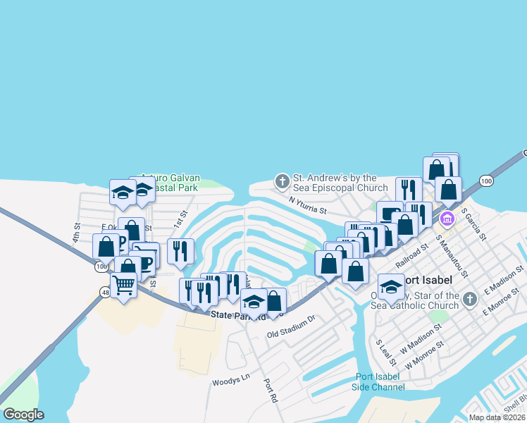map of restaurants, bars, coffee shops, grocery stores, and more near 1106 Tarpon Avenue in Port Isabel
