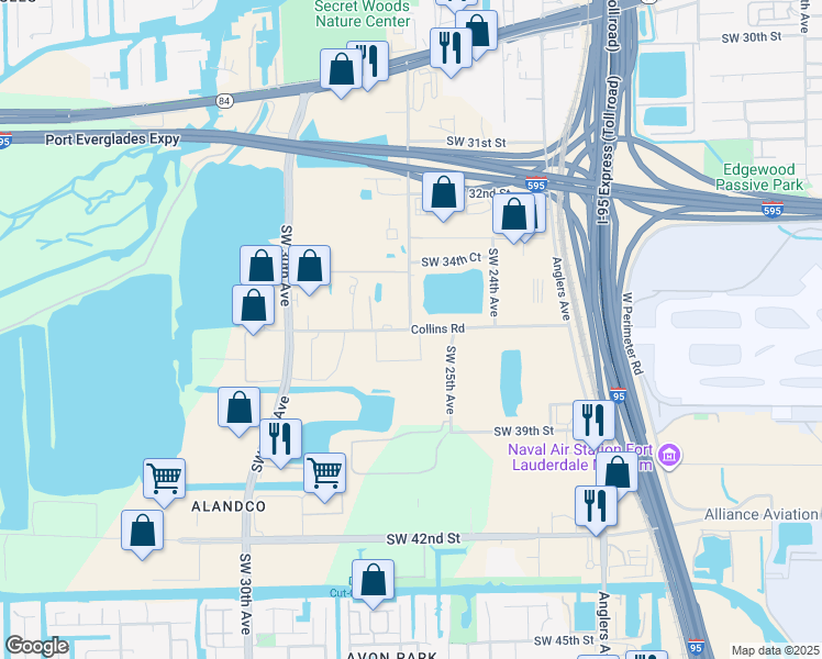 map of restaurants, bars, coffee shops, grocery stores, and more near Southwest 36th Street in Fort Lauderdale