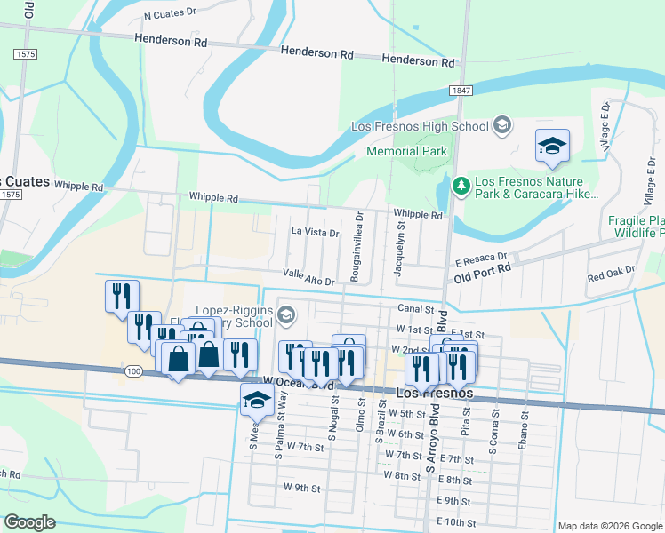 map of restaurants, bars, coffee shops, grocery stores, and more near 810 Daffodil Drive in Los Fresnos