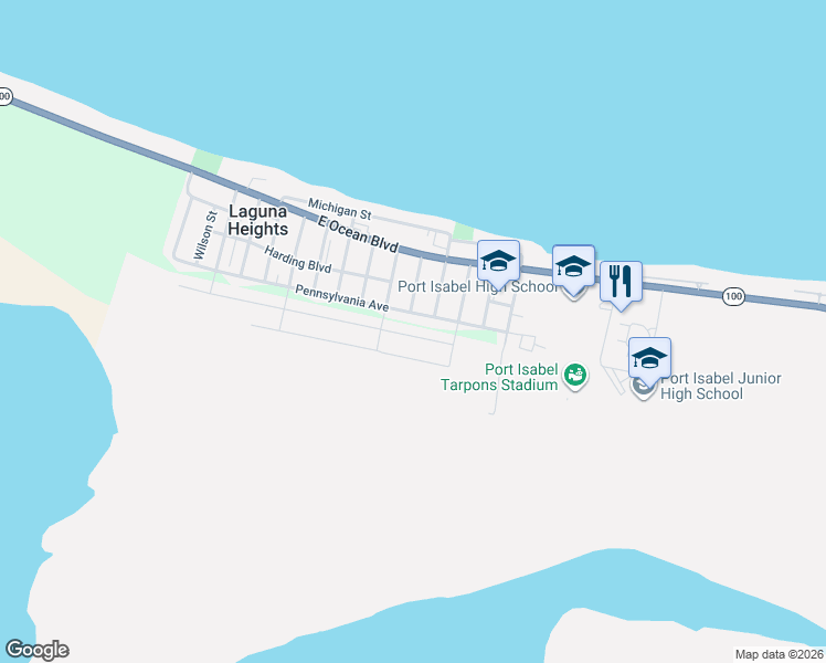 map of restaurants, bars, coffee shops, grocery stores, and more near Pennsylvania Avenue in Laguna Heights
