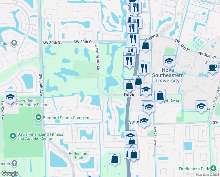 map of restaurants, bars, coffee shops, grocery stores, and more near 3425 Lakeside Drive in Davie