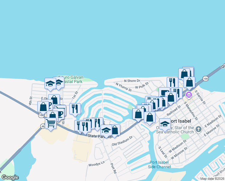 map of restaurants, bars, coffee shops, grocery stores, and more near 1106 Tarpon Avenue in Port Isabel