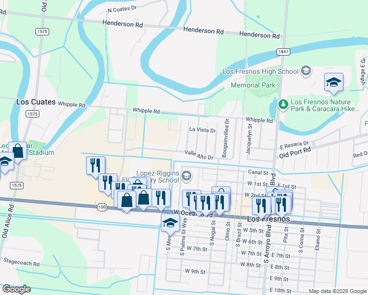 map of restaurants, bars, coffee shops, grocery stores, and more near 1004 Easter Lilly Drive in Los Fresnos