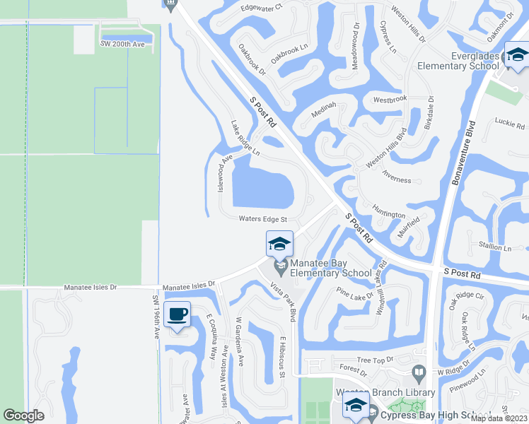 map of restaurants, bars, coffee shops, grocery stores, and more near 19337 Waters Edge Street in Weston