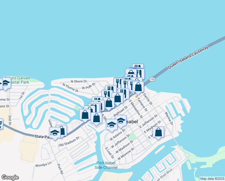 map of restaurants, bars, coffee shops, grocery stores, and more near 301 North Longoria Street in Port Isabel