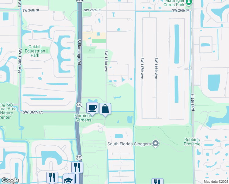 map of restaurants, bars, coffee shops, grocery stores, and more near 3500 Southwest 121st Avenue in Davie