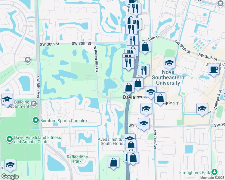 map of restaurants, bars, coffee shops, grocery stores, and more near 3425 Lakeside Drive in Davie