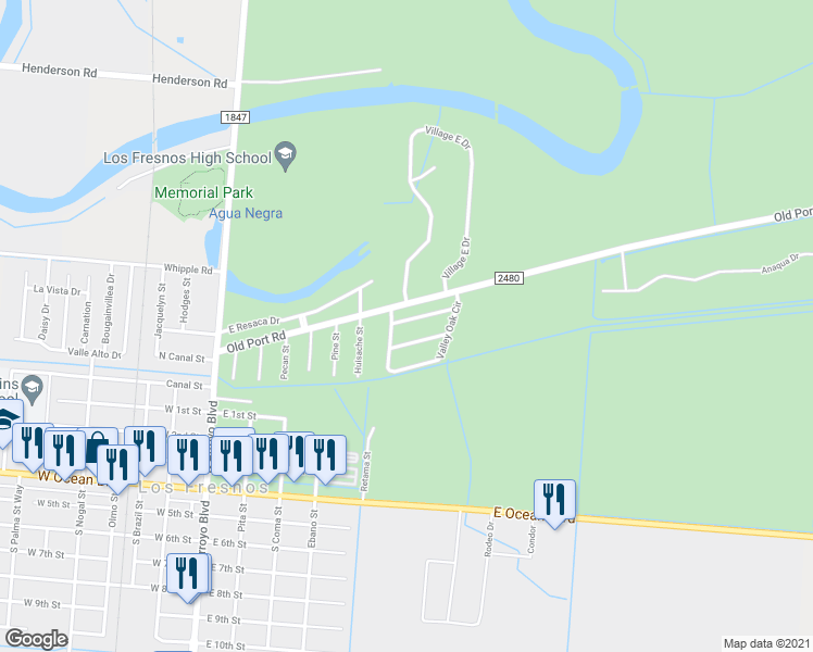 map of restaurants, bars, coffee shops, grocery stores, and more near 204 White Oak Drive in Los Fresnos