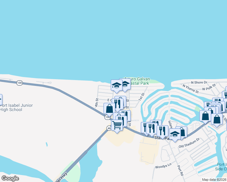 map of restaurants, bars, coffee shops, grocery stores, and more near 1804 3rd Street in Port Isabel