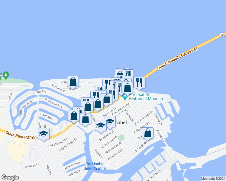 map of restaurants, bars, coffee shops, grocery stores, and more near 303 East Maxan Street in Port Isabel
