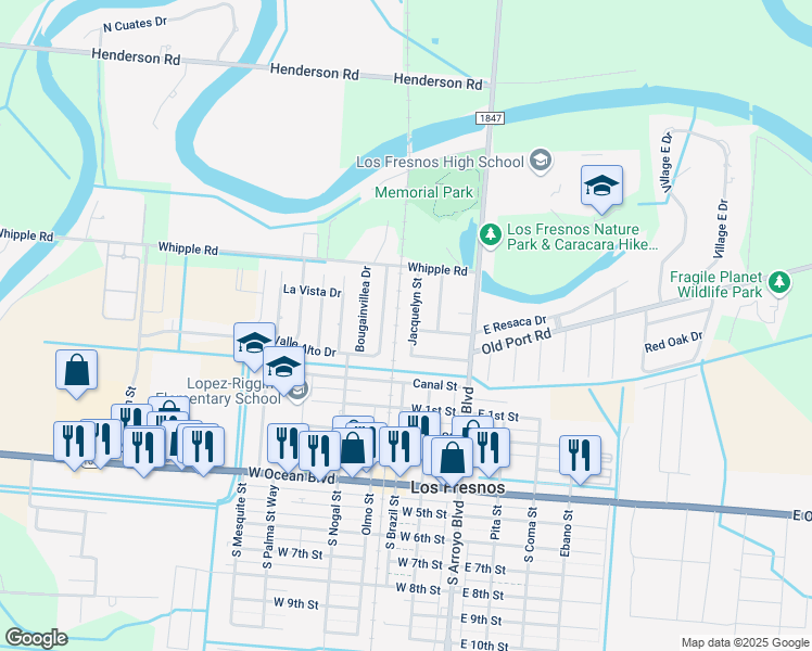map of restaurants, bars, coffee shops, grocery stores, and more near 615 Valle Alto Dr in Los Fresnos