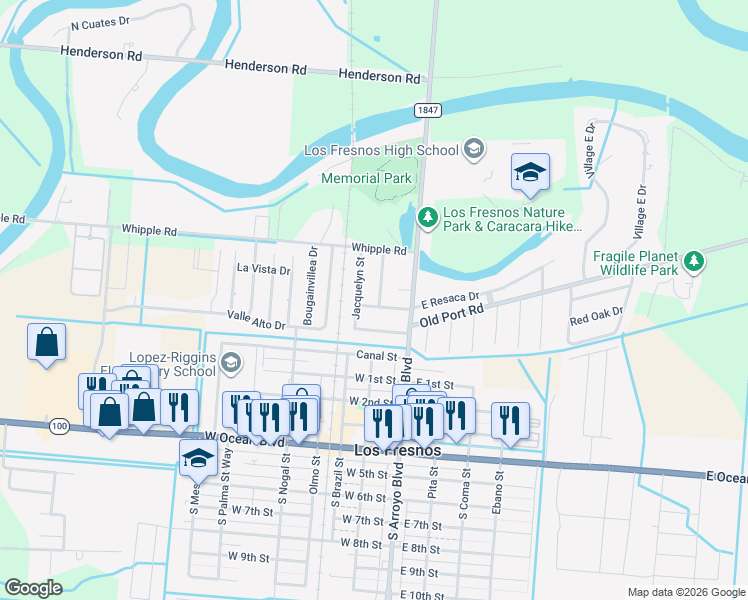 map of restaurants, bars, coffee shops, grocery stores, and more near 118 Hodges Street in Los Fresnos