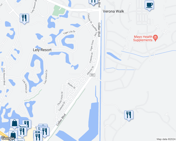 map of restaurants, bars, coffee shops, grocery stores, and more near Alturas Lane in Naples