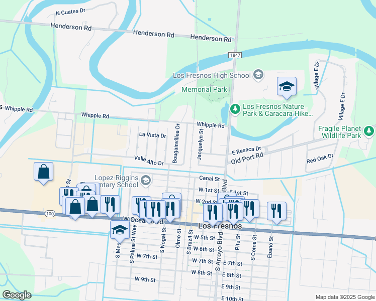 map of restaurants, bars, coffee shops, grocery stores, and more near 615 Valle Alto Drive in Los Fresnos