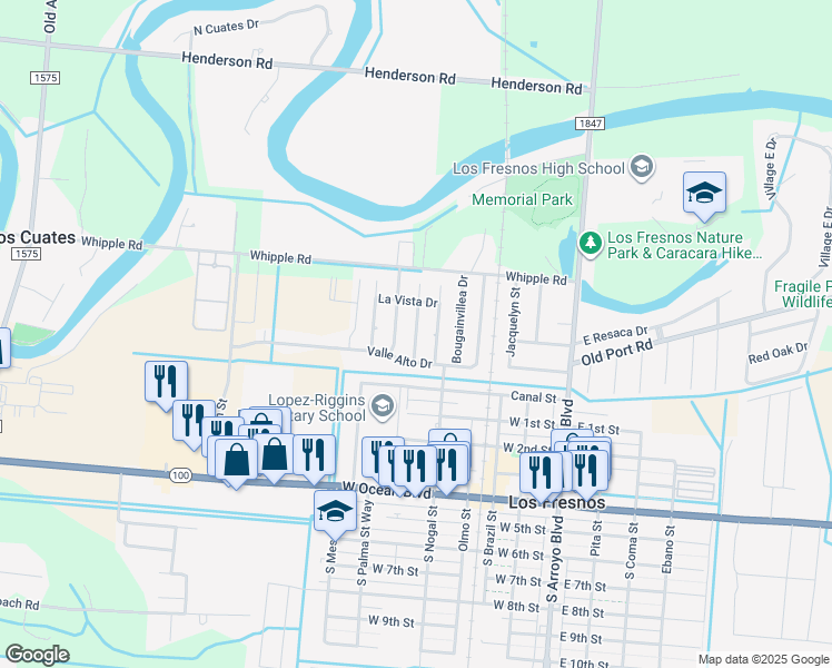 map of restaurants, bars, coffee shops, grocery stores, and more near 810 Daffodil Drive in Los Fresnos