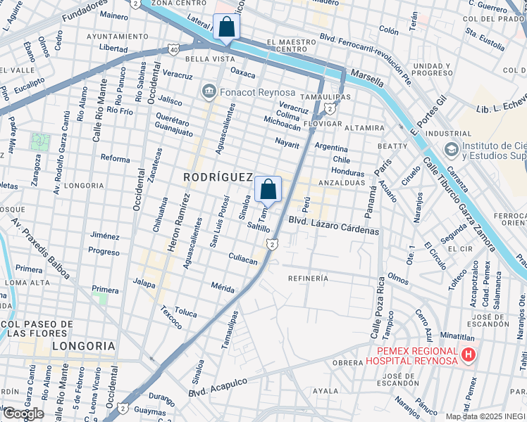 map of restaurants, bars, coffee shops, grocery stores, and more near Tamaulipas in Reynosa