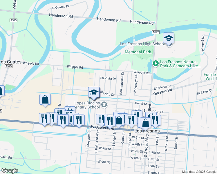 map of restaurants, bars, coffee shops, grocery stores, and more near 810 Daffodil Drive in Los Fresnos