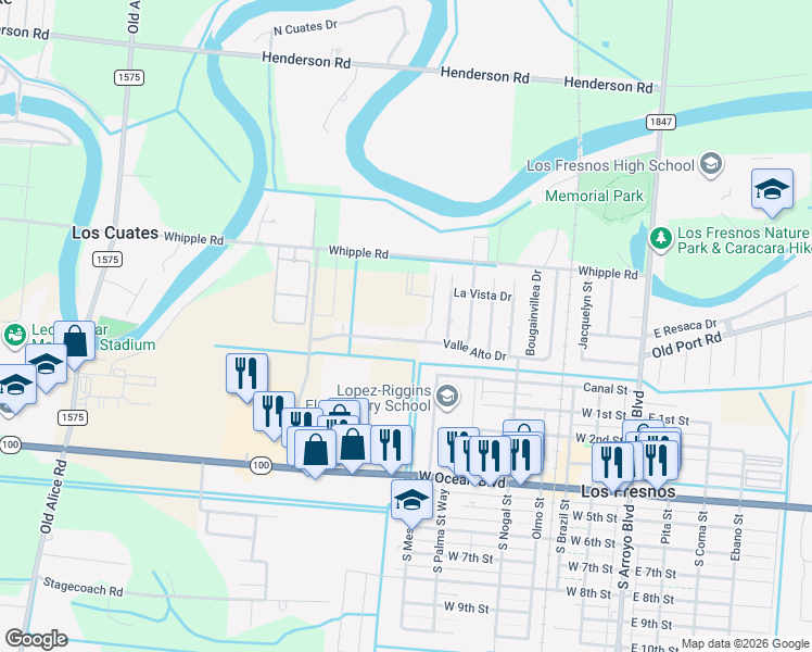 map of restaurants, bars, coffee shops, grocery stores, and more near 1004 Easter Lilly Drive in Los Fresnos