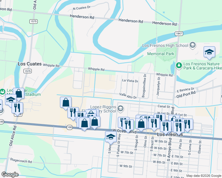 map of restaurants, bars, coffee shops, grocery stores, and more near 1004 Easter Lilly Drive in Los Fresnos