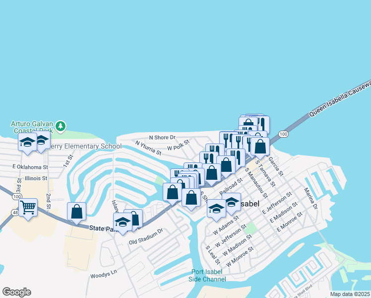 map of restaurants, bars, coffee shops, grocery stores, and more near 420 Gomez Street in Laguna Vista
