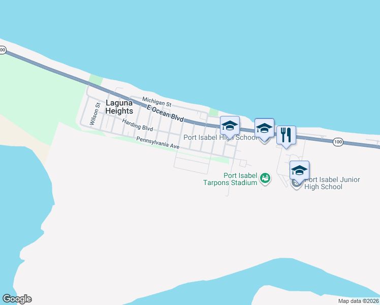 map of restaurants, bars, coffee shops, grocery stores, and more near Pennsylvania Avenue in Laguna Heights
