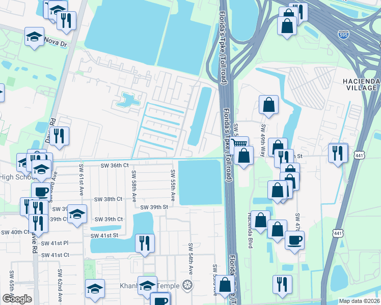 map of restaurants, bars, coffee shops, grocery stores, and more near 3531 Southwest 50th Terrace in Davie
