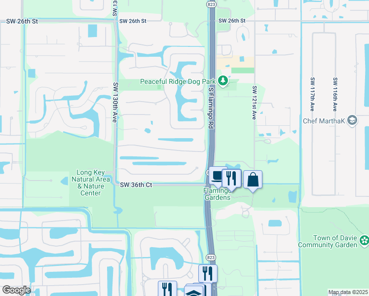 map of restaurants, bars, coffee shops, grocery stores, and more near 12525 Southwest 34th Place in Davie