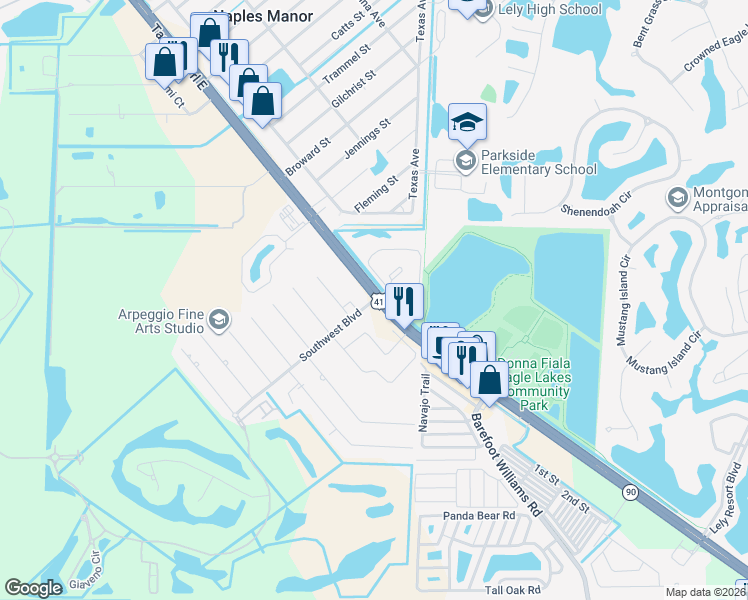 map of restaurants, bars, coffee shops, grocery stores, and more near Southwest Boulevard in Naples
