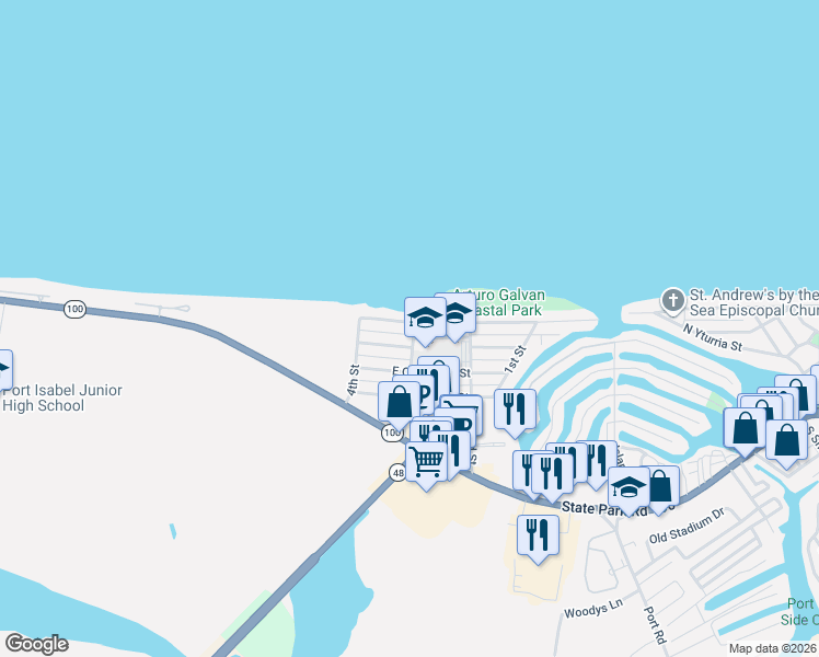 map of restaurants, bars, coffee shops, grocery stores, and more near 1804 3rd Street in Port Isabel