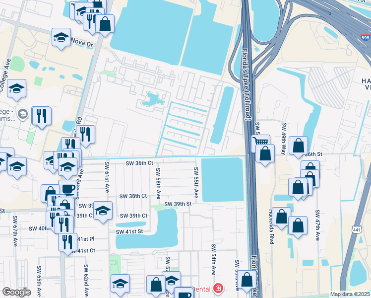 map of restaurants, bars, coffee shops, grocery stores, and more near 5611 Southwest 36th Court in Davie