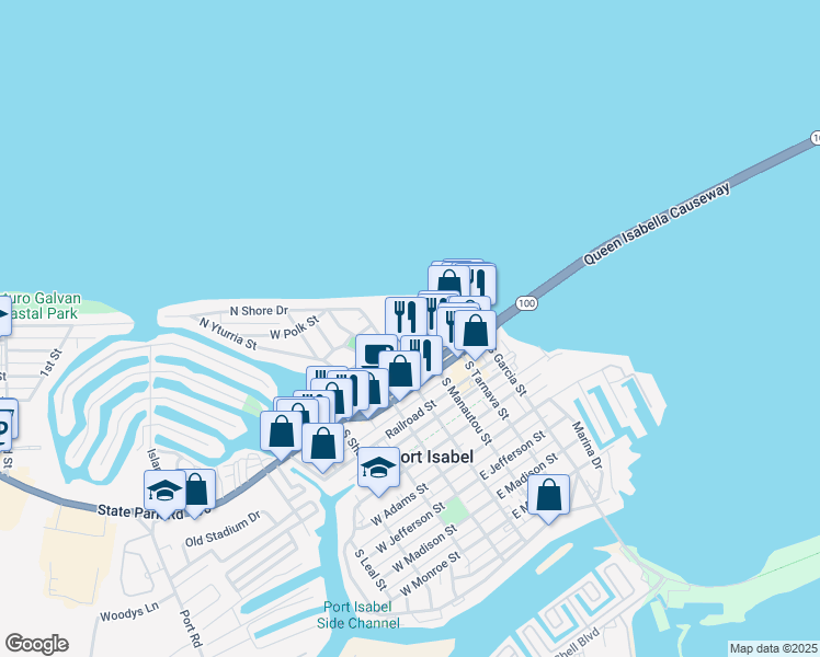 map of restaurants, bars, coffee shops, grocery stores, and more near 400 East Houston Street in Port Isabel