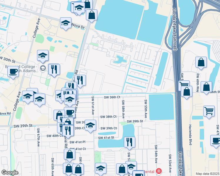 map of restaurants, bars, coffee shops, grocery stores, and more near 35 The Common in Davie