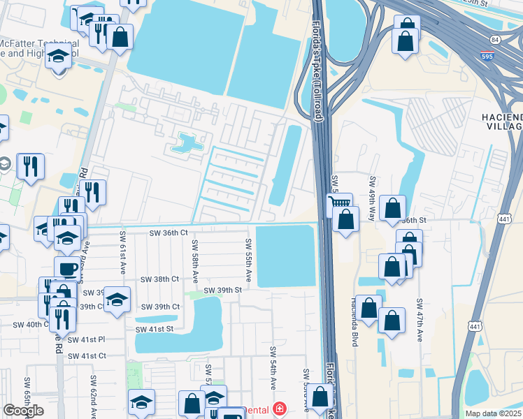 map of restaurants, bars, coffee shops, grocery stores, and more near 5351 Southwest 35th Place in Davie