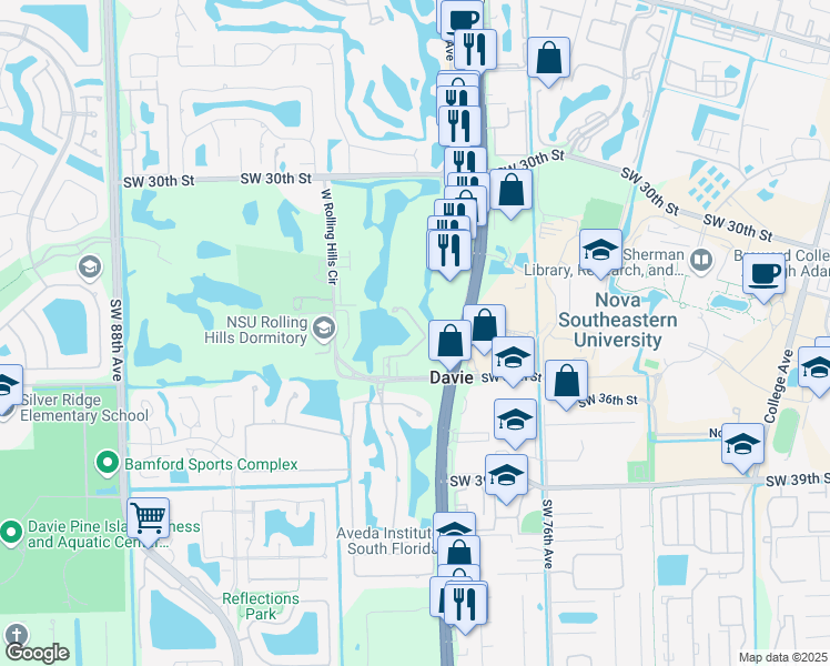 map of restaurants, bars, coffee shops, grocery stores, and more near 3501 South University Drive in Davie