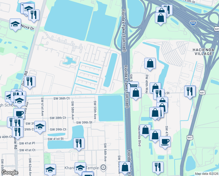 map of restaurants, bars, coffee shops, grocery stores, and more near 3531 Southwest 50th Terrace in Davie