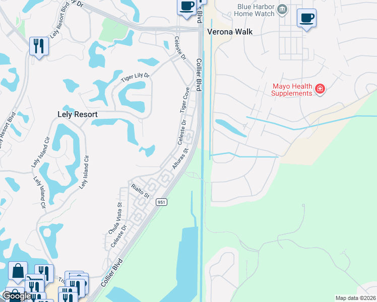 map of restaurants, bars, coffee shops, grocery stores, and more near 7268 Collier Boulevard in Naples
