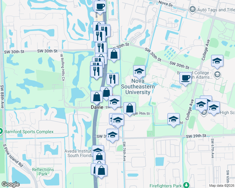 map of restaurants, bars, coffee shops, grocery stores, and more near 3528 South University Drive in Davie