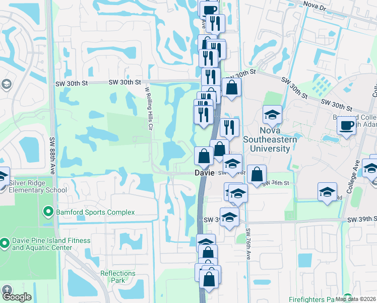 map of restaurants, bars, coffee shops, grocery stores, and more near 3501 South University Drive in Davie