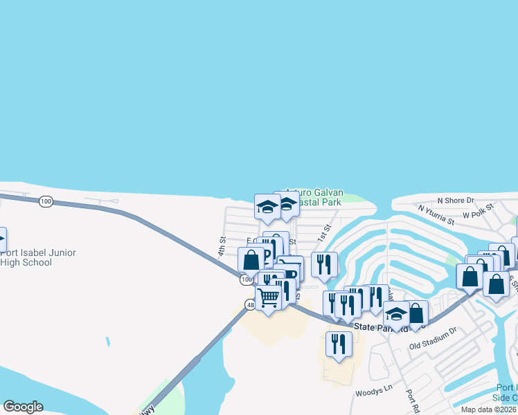 map of restaurants, bars, coffee shops, grocery stores, and more near 1804 3rd Street in Port Isabel