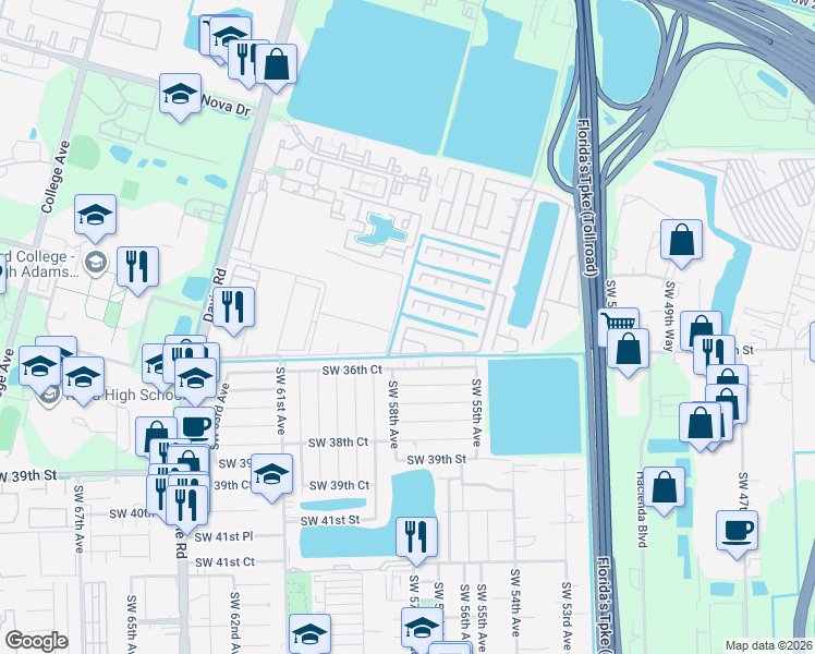 map of restaurants, bars, coffee shops, grocery stores, and more near 5351 Southwest 35th Place in Davie