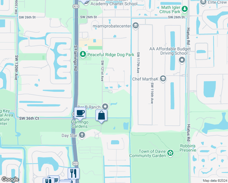 map of restaurants, bars, coffee shops, grocery stores, and more near 3500 Southwest 121st Avenue in Davie