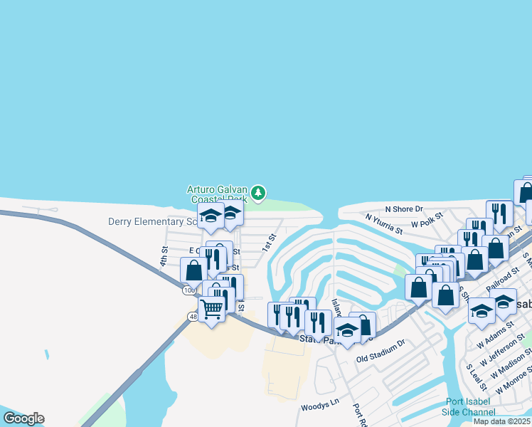 map of restaurants, bars, coffee shops, grocery stores, and more near 1634 N Shore Dr in Port Isabel