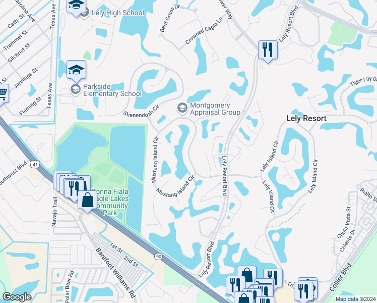 map of restaurants, bars, coffee shops, grocery stores, and more near 8738 Mustang Island Circle in Naples