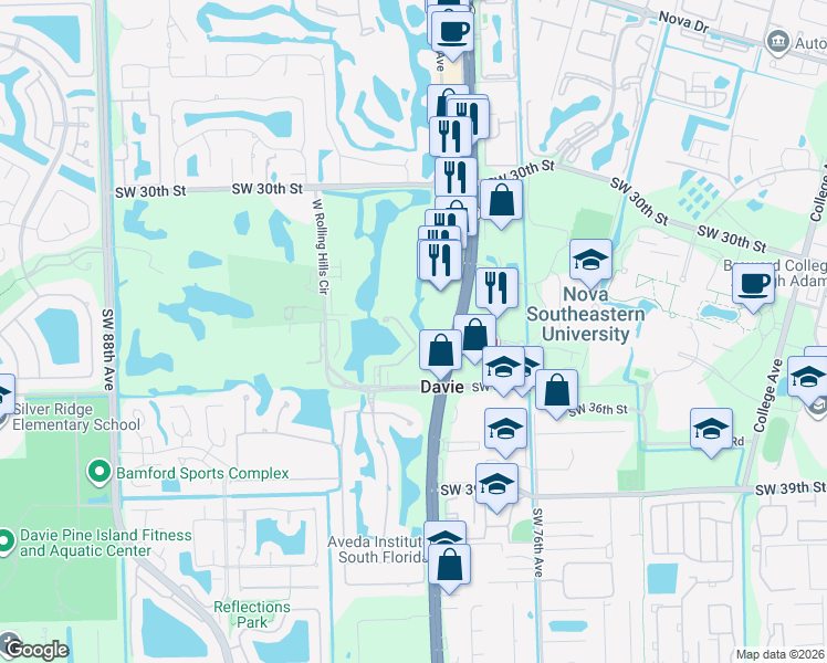 map of restaurants, bars, coffee shops, grocery stores, and more near 3322 Lakeside Drive in Davie
