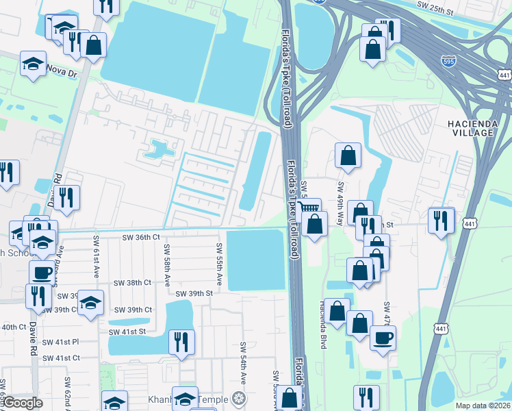 map of restaurants, bars, coffee shops, grocery stores, and more near 3401-3435 Southwest 50th Terrace in Davie